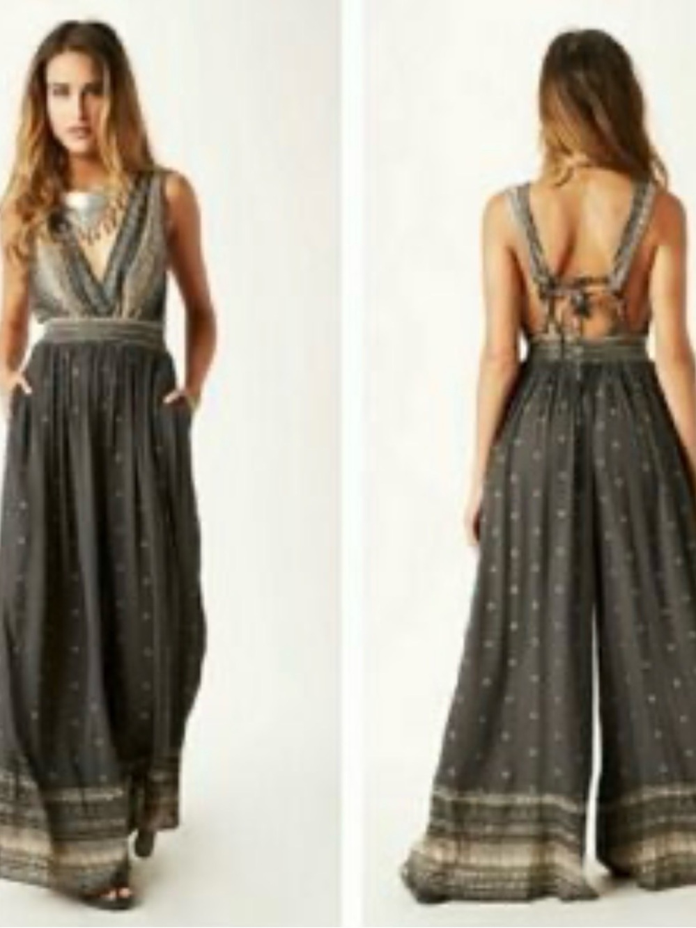 Free People Boho Wide Leg Jumpsuit LG Open Back Romper Pants Army Green Beaded - Picture 2 of 13